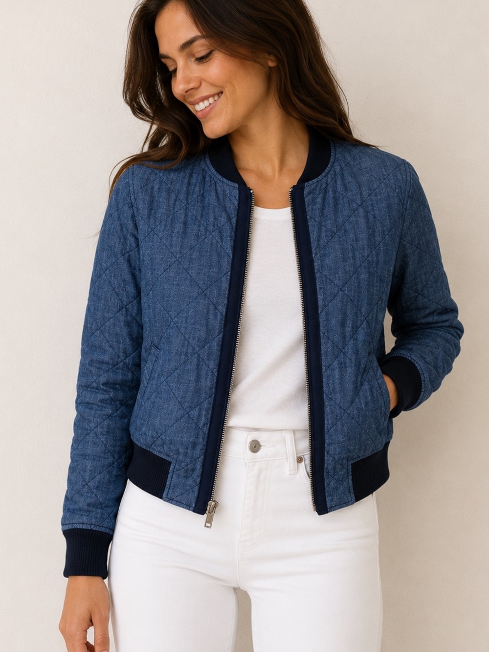 Gap 1969 Indigo Quilted Bomber Jacket Women’s Sm Blue Lightweight Varsity Jacket